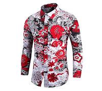 Xmiral Chemise à Manches Longues imprimée Ample pour Hommes, Chemise à Fleurs décontractée à la Mode de Grande Taille Chemise Homme Noir Et Blanc (5XL,Rouge)