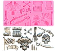 XMOLDNMS Moules en silicone en forme de crâne de pirate pour fondant, chocolat, pièces au trésor, épée, pistolet pour décoration de gâteaux, cupcakes, pâte à sucre, argile polymère