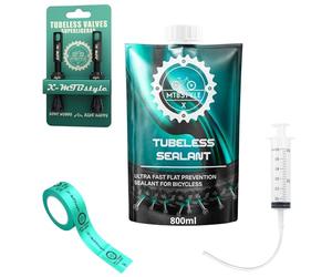 XMTBSTYLE Kit Conversion Tubeless Complet - Liquide Préventif 800 ML, Valves, Fond de Jante et Seringue - pour VTT, Gravel et Vélo Électrique - Colmate Jusqu’à 6 mm