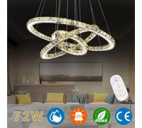 XMTECH 72W LED cristal Design Lampe à suspendre Plafonnier réglable en hauteur Suspension à intensité variable Lustre à trois anneaux Lustre
