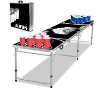 XMTECH Beer Pong Table de jeu de fête avec 100 gobelets (50 rouges et 50 bleus), 5 balles, table de beerpong pliable et réglable en hauteur