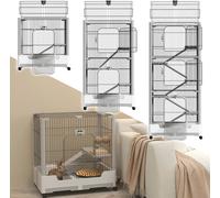 XMTECH Cage pour petits animaux avec 2 niveaux sur roulettes - clapier métallique pour lapins avec plateforme, échelle, bac à déjections & serrure - pour lapins, cochons d'Inde, furets - blanc & gris