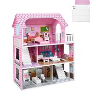 XMTECH Maison de poupées en bois pour enfants 70 cm, Maison de poupées Dollhouse 3 étages avec meubles et accessoires Cadeau pour fille Rose, Type A