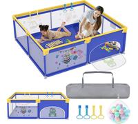 XMTECH Parc bébé 200x180cm, parc bébé Playpen clôture enfant, parc de jeu avec filet respirant, jeu de sécurité robuste Yard y compris 50 Ocean Balls et 4 Pull Rings (bleu avec motifs d'animaux)
