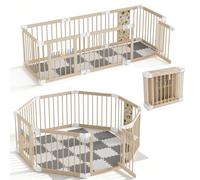 XMTECH Parc pour bébé en bois avec tapis de sol - Ensemble de 8 pièces pour bébé avec panneaux de jeu et porte, pliable, sûr et stable, pour salon, chambre à coucher et jardin d'enfants
