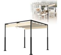 XMTECH pergola autoportante 3×3 m avec toit coulissant, toit de terrasse en acier revêtu par poudre, étanche aux UV et à l'eau, beige, pavillon de jardin résistant aux intempéries avec protection sola