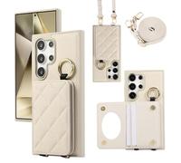 XMTON Samsung Galaxy S24 Ultra Case with Card Slots & Ring Kickstand Samsung Galaxy S24 Ultra Wallet Case Slim Thin Leather Crossbody Cover, Blanc