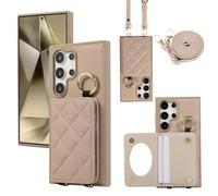 XMTON Samsung Galaxy S24 Ultra Case with Card Slots & Ring Kickstand Samsung Galaxy S24 Ultra Wallet Case Slim Thin Leather Crossbody Cover, Khaki