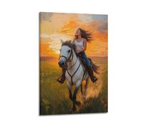 XMUXCY Affiches sur toile pour décoration murale de chambre à coucher, affiche de paysage représentant une femme chevale, un coucher de soleil dans une prairie, nature sauvage, 50 x 75 cm, style cadre