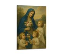XMUXCY Affiches sur toile pour décoration murale de chambre à coucher, peinture religieuse, affiche de Madonna tenant des fleurs interagissant avec des anges et des enfants, image sacrée sereine
