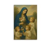 XMUXCY Affiches sur toile pour décoration murale de chambre à coucher, peinture religieuse, affiche représentant Madonna tenant des fleurs interagissant avec des anges et des enfants, image sacrée et