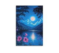 XMUXCY Toile murale moderne avec illustration de paysage de lac au clair de lune et fleur - Affiches d'œuvre d'art pour décoration d'intérieur ou de bureau - 50 x 75 cm