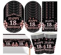 XNAUVOI 69pcs Noir Or Rose Vaisselle de Fête, 18ans Vaisselle Lot, Assiette en papier, Gobelet, Serviette en Papier, Nappe,Vaisselle Assiettes de Fête Decoration -16 Invités