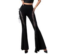 XNEOPP Goth Bell Bottom Pantalon pour Femme, Pantalon À Pattes D'Éléphant Criss Cross Bandage Taille Haute,Black1,S