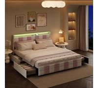 Xnferty Lit Double Rembourré 140 x 200 cm avec 4 Tiroirs, Lits Coffre avec LED et Port USB, Cadre de Lit avec Sommier à Lattes en Bois et Tête de Lit pour Adultes et Ados (Rose + Blanc, 140x200)