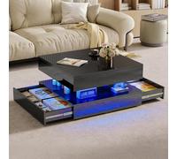 Xnferty Table Basse Carrée avec éclairage LED, Table d'Appoint avec 2 tiroirs et Espace de Rangement, Haut Brillant Table de Salon, Meuble Moderne pour Salon, Chambre, Bureau (Noir, 78x78x43cm)