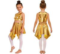 Xnihocha Chemise Métallique pour Mädchen Jupe Métallique Rock Crop Tops pour Mädchen avec Jupe Plissée Brillante Costumes Danse Jazz Ensemble Danse Partiel Style Or 10-14 Ans