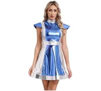 Xnihocha Costume D Astronaute Pour Femmes Robe Métallique Brillante Jupe A Ligne Uniforme De Cosmonaute Déguisement Halloween Carnaval Bleu clair XL