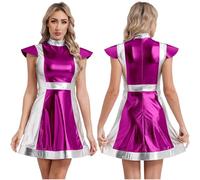 Xnihocha Costume D Astronaute Pour Femmes Robe Métallique Brillante Jupe A Ligne Uniforme De Cosmonaute Déguisement Halloween Carnaval Rose vif L