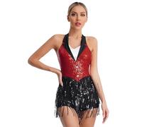 Xnihocha Costume De Danse Pour Femmes Paillettes Paillettes Frange Body Avec Jamard Maillot De Danse Justaucorps Latin Samba Tenue Compétition Rouge S