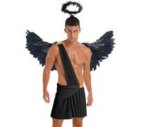 Xnihocha Costume De Dieu Grec Pour Hommes Toga Costume César Robe Courte Jupe Plissée Avec Ailes Et Bandeau Halloween Carnaval Noir M