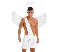 Xnihocha Costume De Dieu Grec Pour Hommes Toga Costume César Robe Courte Jupe Plissée Avec Ailes Et Bandeau Halloween Carnaval Blanc XL
