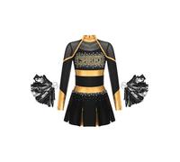 Xnihocha Costume De Mädchen Robe De Cheerleading avec Pompons Robe Danse Écolière Costume Carnaval Fête Déguisement Or Noir 11-12 Ans