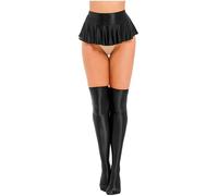 Xnihocha Dames Wetlook Mini Jupe Stretch Skater Jupe Cloches Plissée avec Bas Chaussettes Collants Gogo Clubwear Noir M