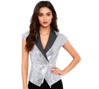 Xnihocha Élégantes Dames Gilet Sans Manches Avec Des Paillettes Bordure Asymétrique Blazer Pour La Salle De Danse Et Les Fêtes Gilet Avec Col V Mode De Club Argent XL