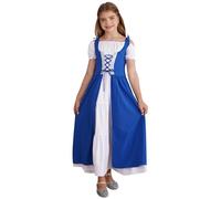 Xnihocha Fille Moyen-âge Renaissance Robes Robe De Princesse Manches Courtes Laçage Salut Taille Robe Maxi Rétro Victorien Costume Bleu 7-8 Ans