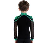 Xnihocha Jongen Maillot Patinage Artistique T Shirt Manches Longues Entrée V avec Strass Scintillant Haut Tops Danse Latine Chemise Combinaison Gymnastique Vert 13-14 Ans
