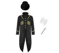 Xnihocha Pièces Manteau Enfant Gothic Queue De Pie Veste Jungen Long Manteau Steampunk Queue De Pie Avec Haut Forme Gants Et Baguette Magique Ensemble Noir 11-12 ans