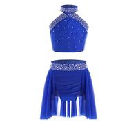Xnihocha Robe De Ballet pour Fille Haut Court À Une Manche avec Jupe en Tulle Tenue De Danse Lyrique Robe Standard pour Salle Bal Valse Tango Ensemble Vêtements Bleu 5-6 Ans