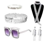 XNIVUIS 5Pcs 70s Disco Accessoires Disco Costume Set Paillettes Foulard Boucles d'oreilles Hick Cadre Lunettes Soleil Bracelet et Bandeau Dame pour 70/80s Disco Rétro Cosplay Costumes (Argent)