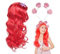 XNIVUIS Filles Sirène Princesse avec Perruque Rouge et Bandeau Anges Princesse Petite Sirène Semblant Déguisement Costume Adulte Enfants Sirène Thème pour Halloween Mascarade Fête Noël (rouge)