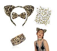 XNIVUIS Lot de 5 bandeaux à cheveux à imprimé léopard, cravates, bracelets, 2 autocollants léopard pour cosplay, décoration de fête, fête de la jungle, Noël (5 pièces)