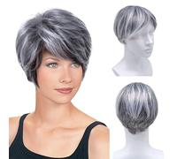 XNIVUIS Perruque Courte, Perruque Femme Courte Grise Ombrée pour Femme, Perruques Courtes avec Frange, Cheveux Courts Moelleux, Cheveux Synthétiques Péruque, Perruque Quotidienne pour Cosplay (1 Pcs)