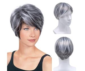 XNIVUIS Perruque Courte, Perruque Femme Courte Grise Ombrée pour Femme, Perruques Courtes avec Frange, Cheveux Courts Moelleux, Cheveux Synthétiques Péruque, Perruque Quotidienne pour Cosplay (1 Pcs)