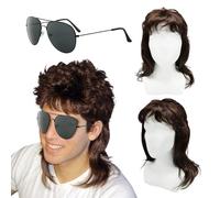 XNIVUIS Perruque Homme Marron des Années 80, Déguisement Mulet Brun, Année 70 Soirée Déguisée, Popstar pour Carnaval Halloween (2 Pcs)