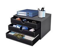 XNONE Home Office Boîte de tiroir de bureau avec 3 compartiments fermés A4 - En cuir synthétique - Organiseur de bijoux, cosmétiques - Ouverture en forme de U - Coutures cousues à la main - Noir