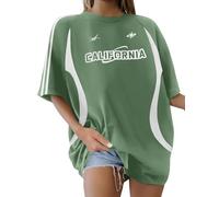 Xnova Tee Shirt Femme Col Rond Décontracté, Oversize T-Shirts Tops Coton Manches Courtes Imprimé De Lettres, Mode Ample Chemise Hauts Patchwork Confortables Streetwear Été (Vert, S)