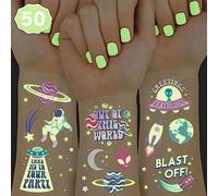 xo, Fetti Lot de 50 tatouages temporaires pour enfants Espace + planètes qui brillent dans le noir - Fournitures de fête d'anniversaire extraterrestre - Cadeaux d'astronaute + décorations de fusée
