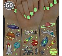 xo, Fetti Tatouages Temporaires Enfants Espace + Planètes Brillent dans le Noir 50 Pièces Accessoires de Fête d'anniversaire Alien Cadeaux Astronautes + Décorations de Bateau de fusée
