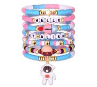 XOCARTIGE Bracelets spatiaux pour femme - Bracelet astronaute rose et bleu Heishi - Bracelets extensibles à perles Heishi - Saturne - Spatiste, lune, étoile - Bijoux spatiaux - Accessoires cadeaux