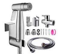xocome Ensemble de douchette de bidet, double fonction, en acier inoxydable brossé, avec valve en T G1/2" et adaptateur G3/8", pour douche, salle de bain, hygiène, nettoyage des couches