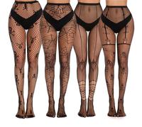 XoeLLe 4 Paires Collant Halloween Femme Collant Araignée Accessoire Halloween Femme Deguisement Noir Resille Bas Fantaisie Gothique Costume Carnaval Fête (Tête de Mort Araignee)