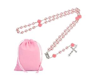 XoeLLe Chapelet Catholique, Croix Chretienne Homme Chapelet, Collier Croix, Cadeau Communion Fille, Chapelet de Perles de Rose Clair, Médaille du sol sacré, Crucifix avec Sac à Cordon Velours