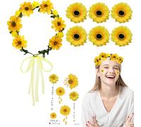 XoeLLe Tournesol Serre Tete Fille + Autocollants de Tatouage + 6 x Accessoires Cheveux, Sunflower Fleur Cheveux Costume Carnaval Femme pour Party Costumes, Carnaval, Fête à Thème, Soirée Plage
