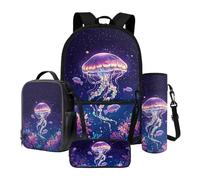 Xoeniee Lot de 4 sacs à dos d'école pour enfants 43,2 cm Grand sac à livres avec boîte à déjeuner isotherme, trousse à crayons, porte-bouteille d'eau, Méduse Corail Nuit Étoilée, Taille unique