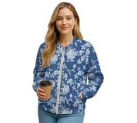 Xoenoiee Blouson bomber léger et décontracté avec poches zippées pour femme - Tenue tendance pour l'automne et l'hiver, Roses bleues rétro, XXL